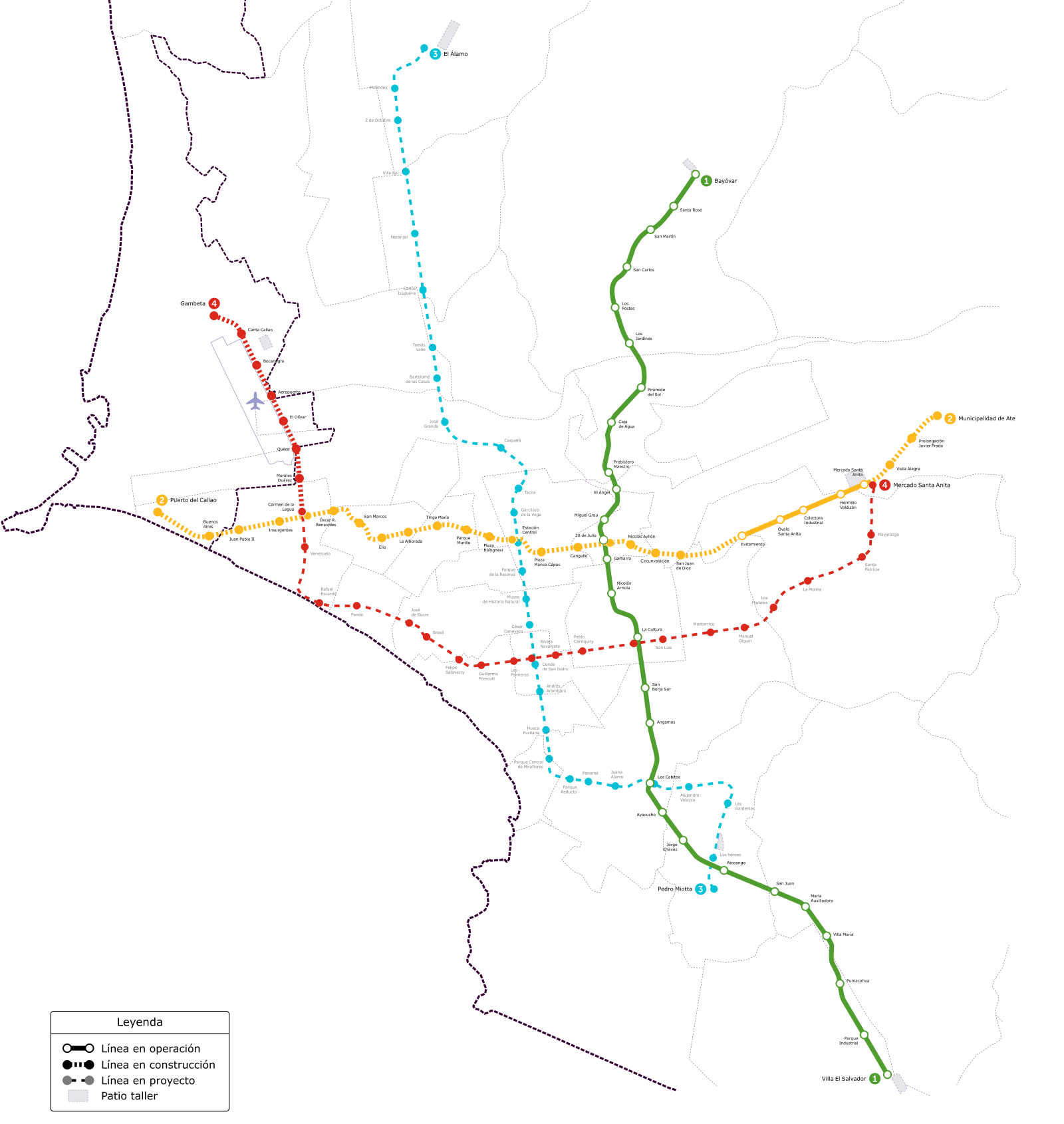 Mapa del Metro de Lima y Callao con la Línea 1, la Etapa 1A de la Línea 2 y los tramos en construcción